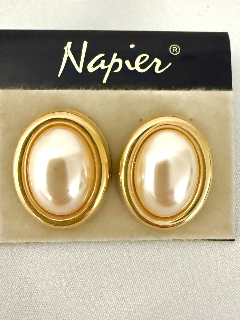 Napier Gold Tone Oval Faux Pearl Pierced Stud Earrings 1" NWT